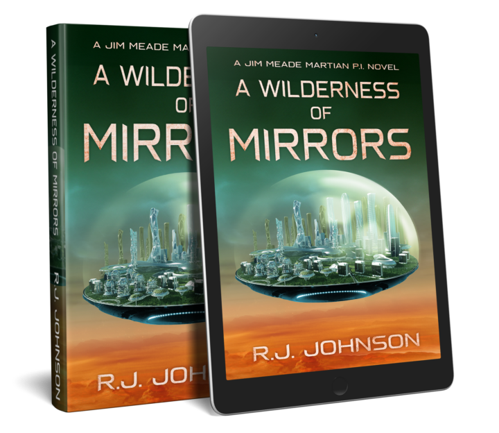 A Wilderness of Mirrors book cover -- A view of a city floating above the clouds on Venus.