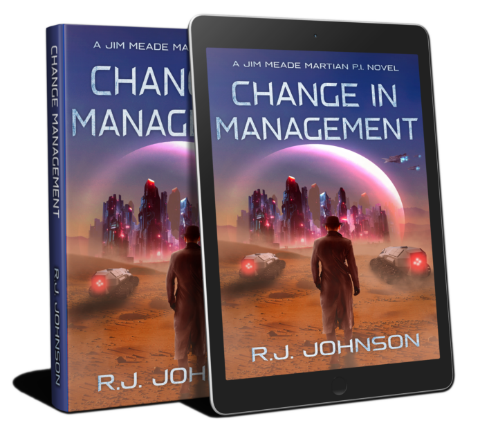 Change in Management book cover - a picture of a man walking on the Martian surface toward a settlement on the red planet.