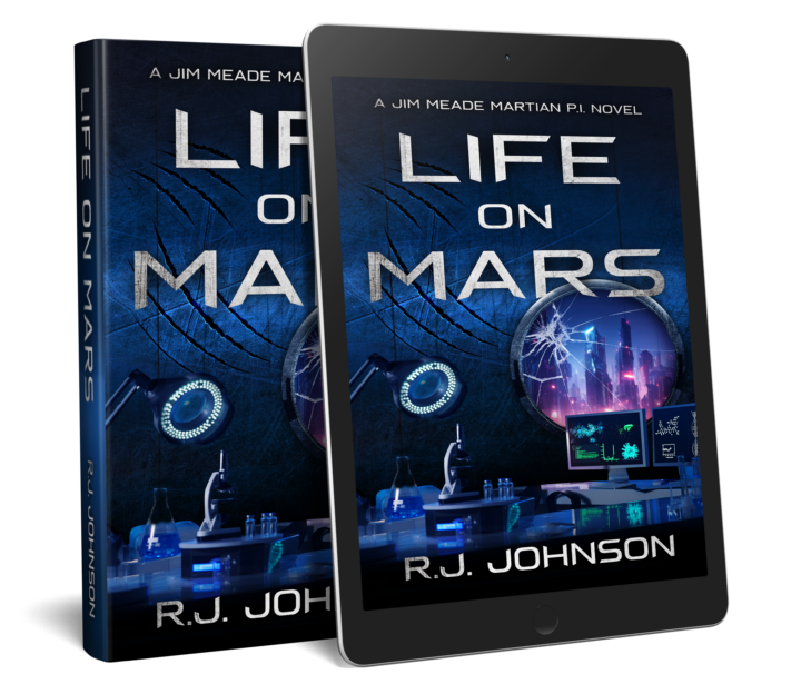 Life on Mars Book cover - A view of a laboratory with a porthole view of a distant city on Mars.